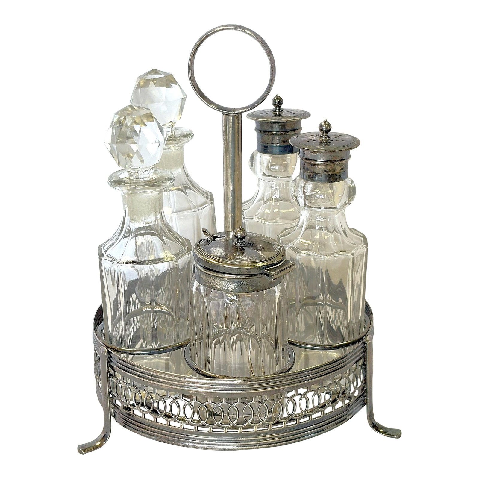 Vintage English Victorian Silverplate and Glass 11-Piece Cruet Caddy Set: Wonderful English Victorian cruet caddy set from the mid 20th century. The eleven-piece set includes: two glass bottles with glass stoppers for oil and vinegar, two glass bottles with silverplate tops