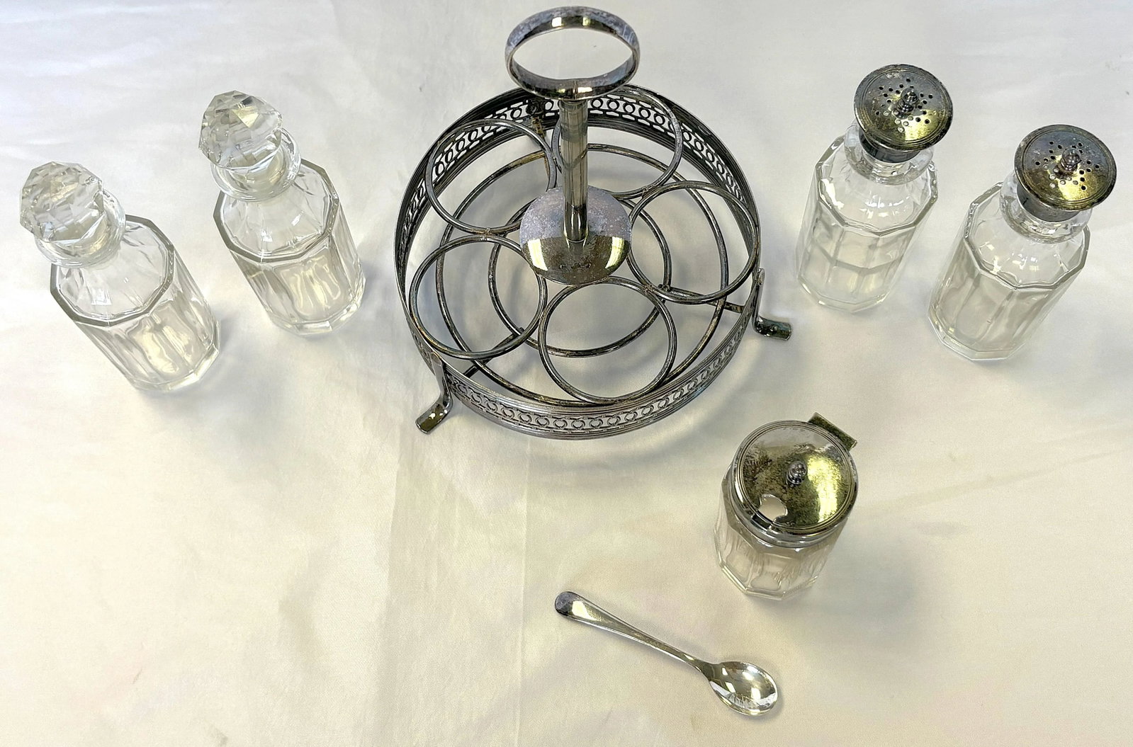 Vintage English Victorian Silverplate and Glass 11-Piece Cruet Caddy Set - 7
