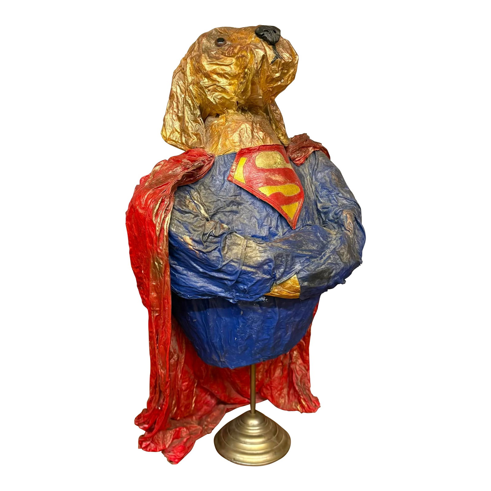 Superdog Paper Mâché Sculpture - Vintage Whimsical Decor: Whimsical, bold, and absolutely unforgettable. This large-scale paper mâché sculpture titled "Super Dog" was created and signed by artist Kathe Fraga in 2001. A playful interpretation of a