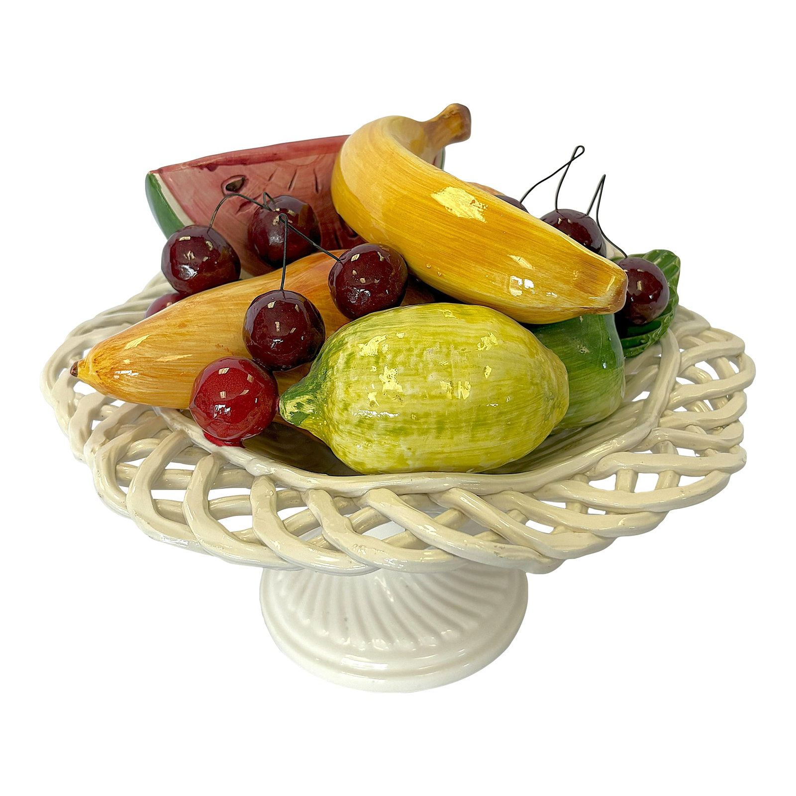 Vintage 'Bassono Ceramics of Italy' Majolica Pedestal Fruit Bowl: Beautiful vintage Italian ceramic centerpiece bowl of fruit from the late 20th century. It's made in the Italian majolica technique with life size pieces of colorful fruits including cherries, waterme