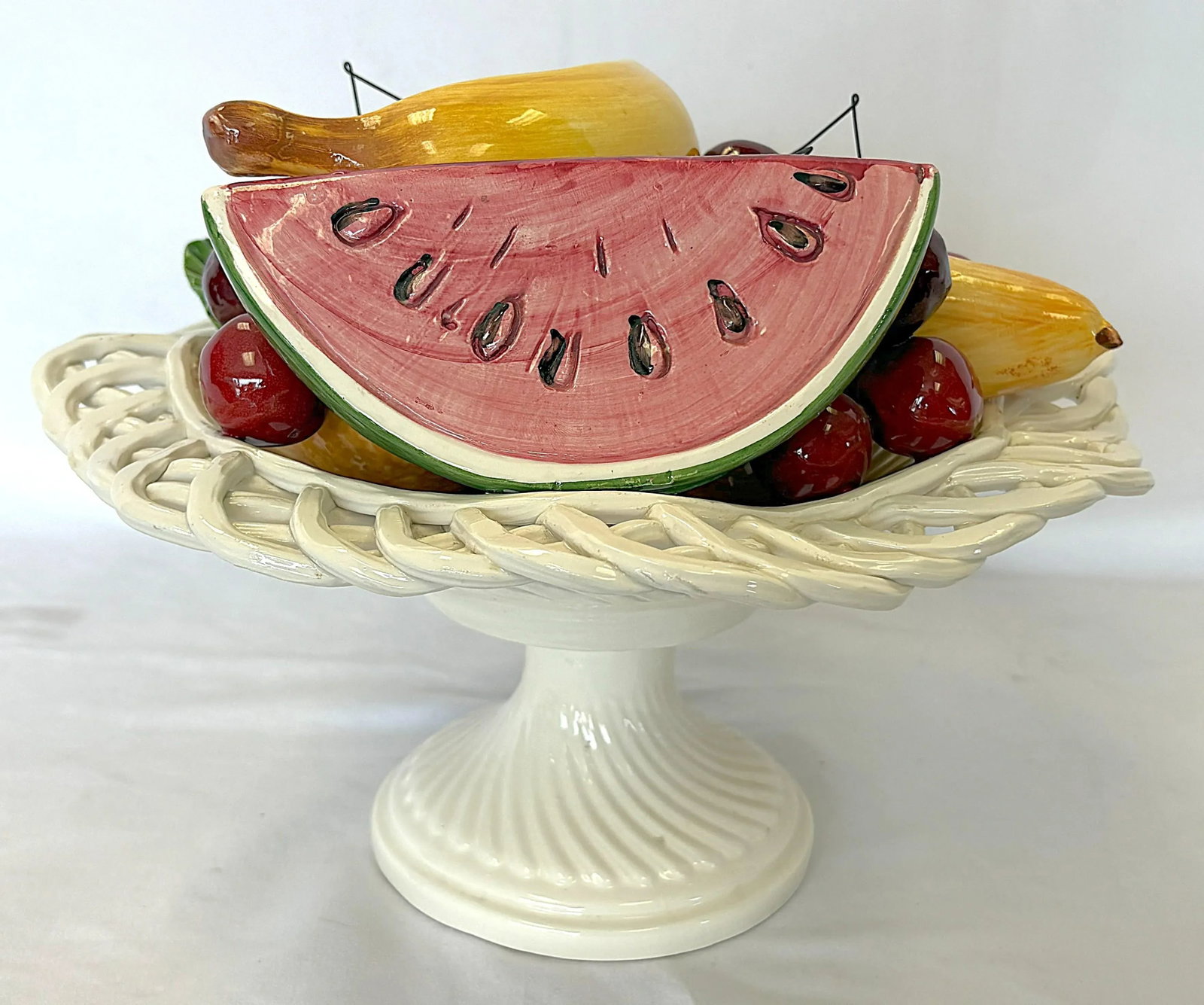Vintage 'Bassono Ceramics of Italy' Majolica Pedestal Fruit Bowl - 3