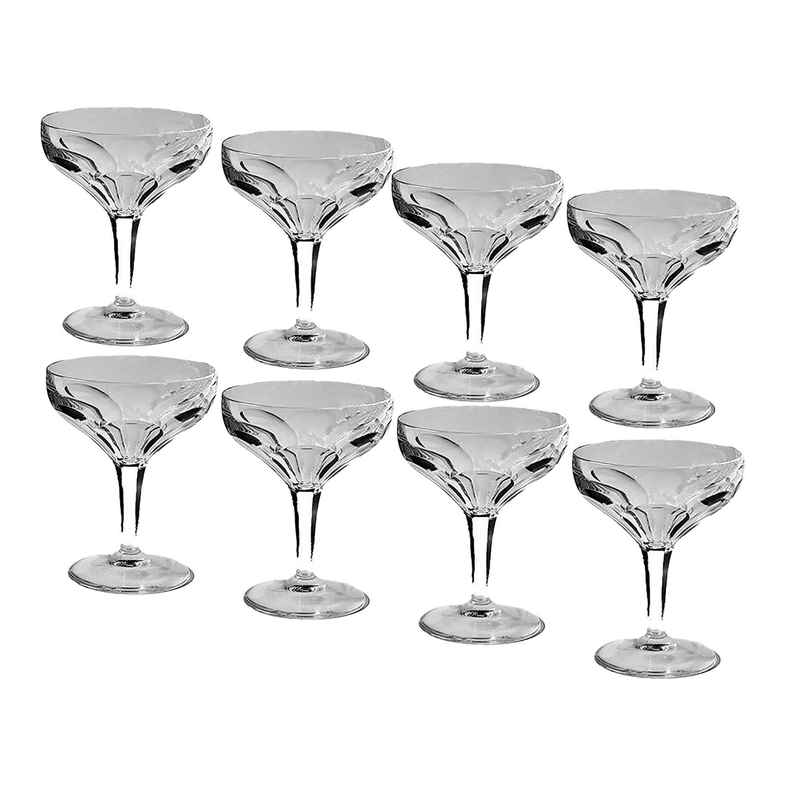 Villeroy & Boch Champagne Tall Sherbet Crystal Glasses Milano Pattern - Set of 8: Set of 8 Villeroy & Boch crystal (blown glass) champagne/sherbet glasses. New condition, discontinued 5" high x 3 7/8" opening Also listed is a set of 8 matching water goblets Condition: Alterations:
