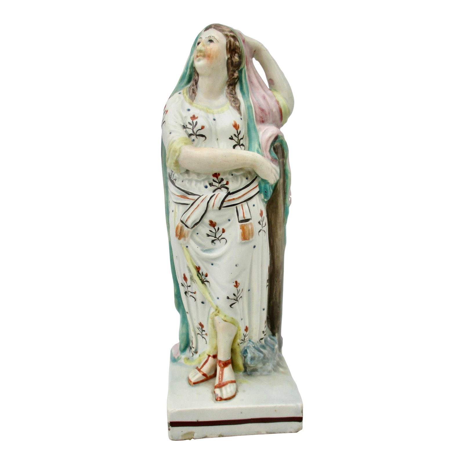 19th Century Staffordshire Pearlware Neoclassical Figure, Hope With an Anchor: Antique 19th Century English Staffordshire Pearlware Neoclassical Figure of Hope With an Anchor. Hope is an allegorical figure in neoclassical attire, accompanied by an anchor behind. Standing on a