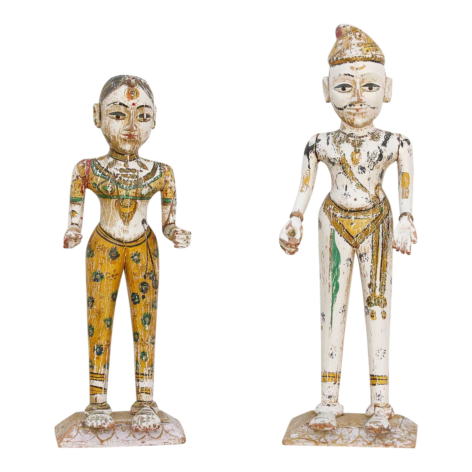 Divine Pair of Antique Indian Gangaur Figure: Invite the vibrant spirit and rich cultural heritage of India into your home with this captivating pair of antique painted figures, standing at charmingly disparate heights of 32 inches and 36 inches 