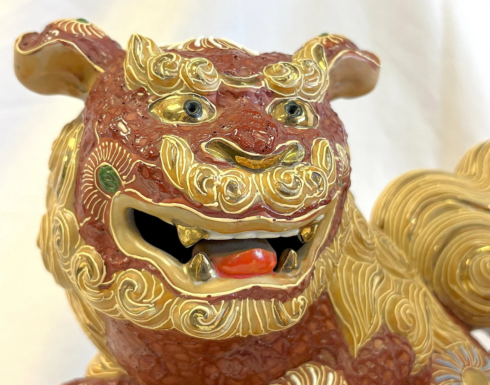 Vintage Japanese Pottery Kutani Foo Dogs in Cinnabar and Gold Colors- A Pair - 9