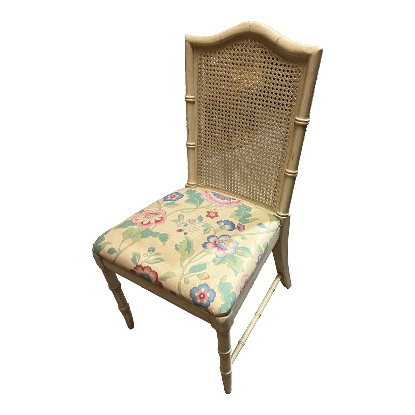 1970s Gold Canned Back Chair With Floral Cushion: Up for consideration is a beautiful vintage gold canned back chair with a floral cushion. This is a beautiful side chair to add to your space, and it's a great piece for the interior design