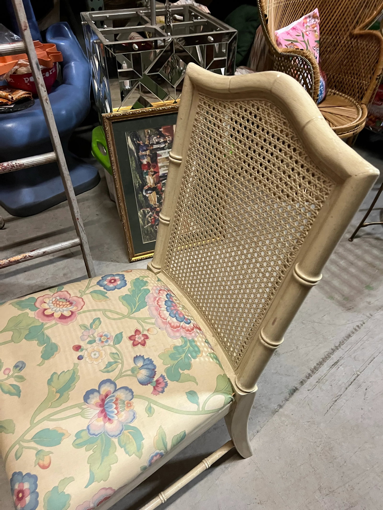 1970s Gold Canned Back Chair With Floral Cushion - 2