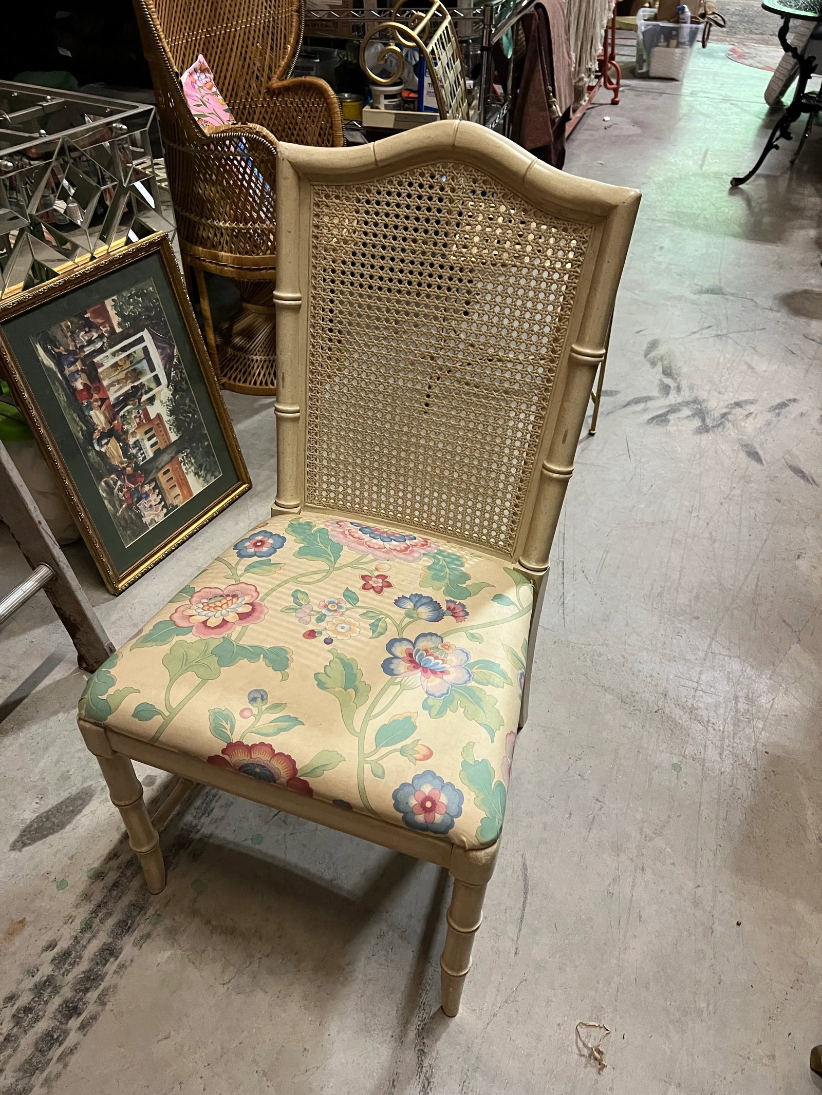 1970s Gold Canned Back Chair With Floral Cushion - 4