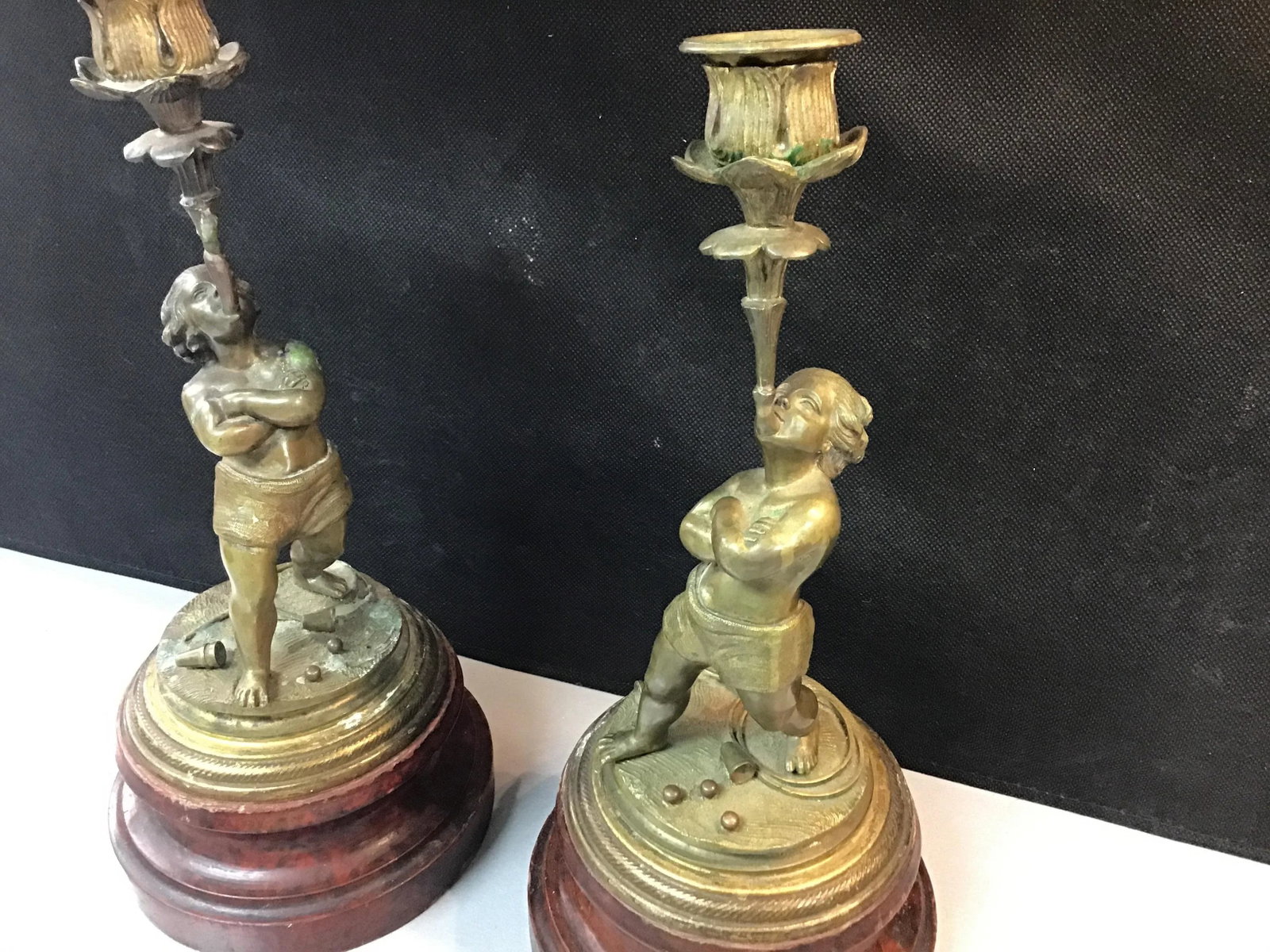 Late 19th Century Continental Bronze Boy Acrobat Candleholders- a Pair - 2