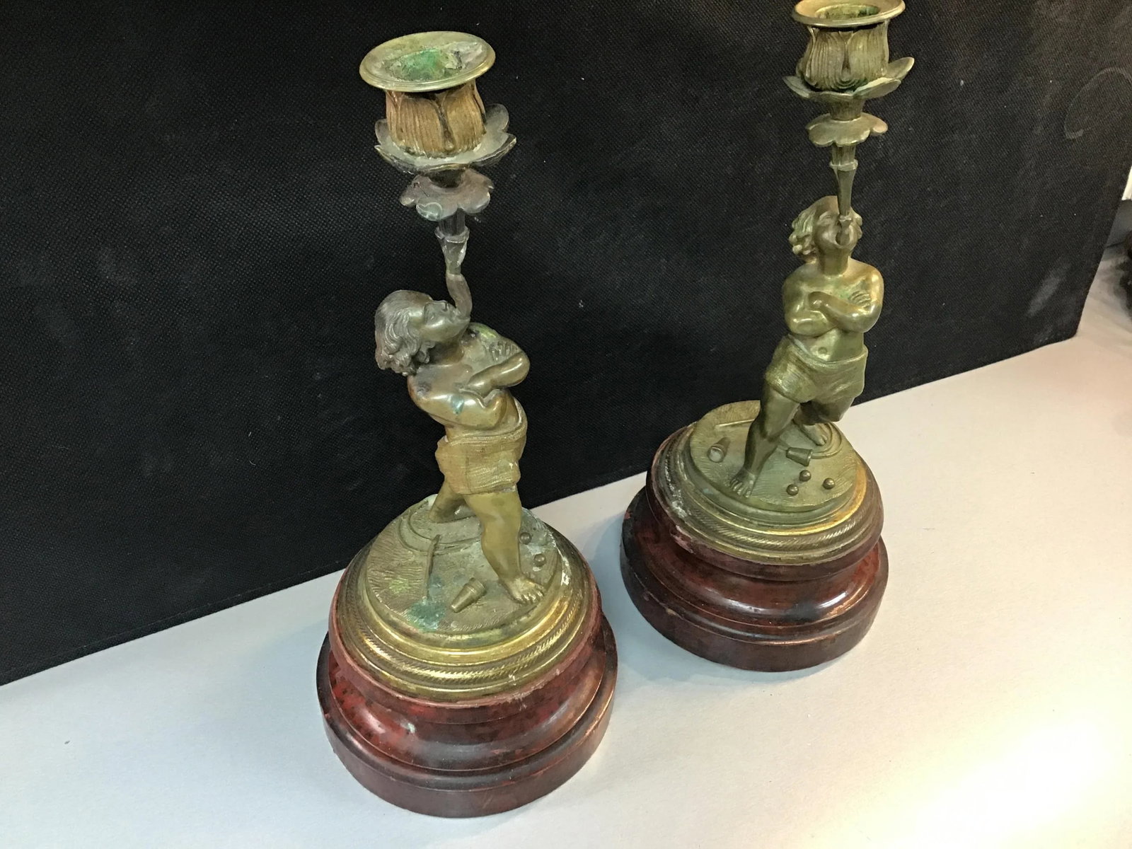 Late 19th Century Continental Bronze Boy Acrobat Candleholders- a Pair - 3