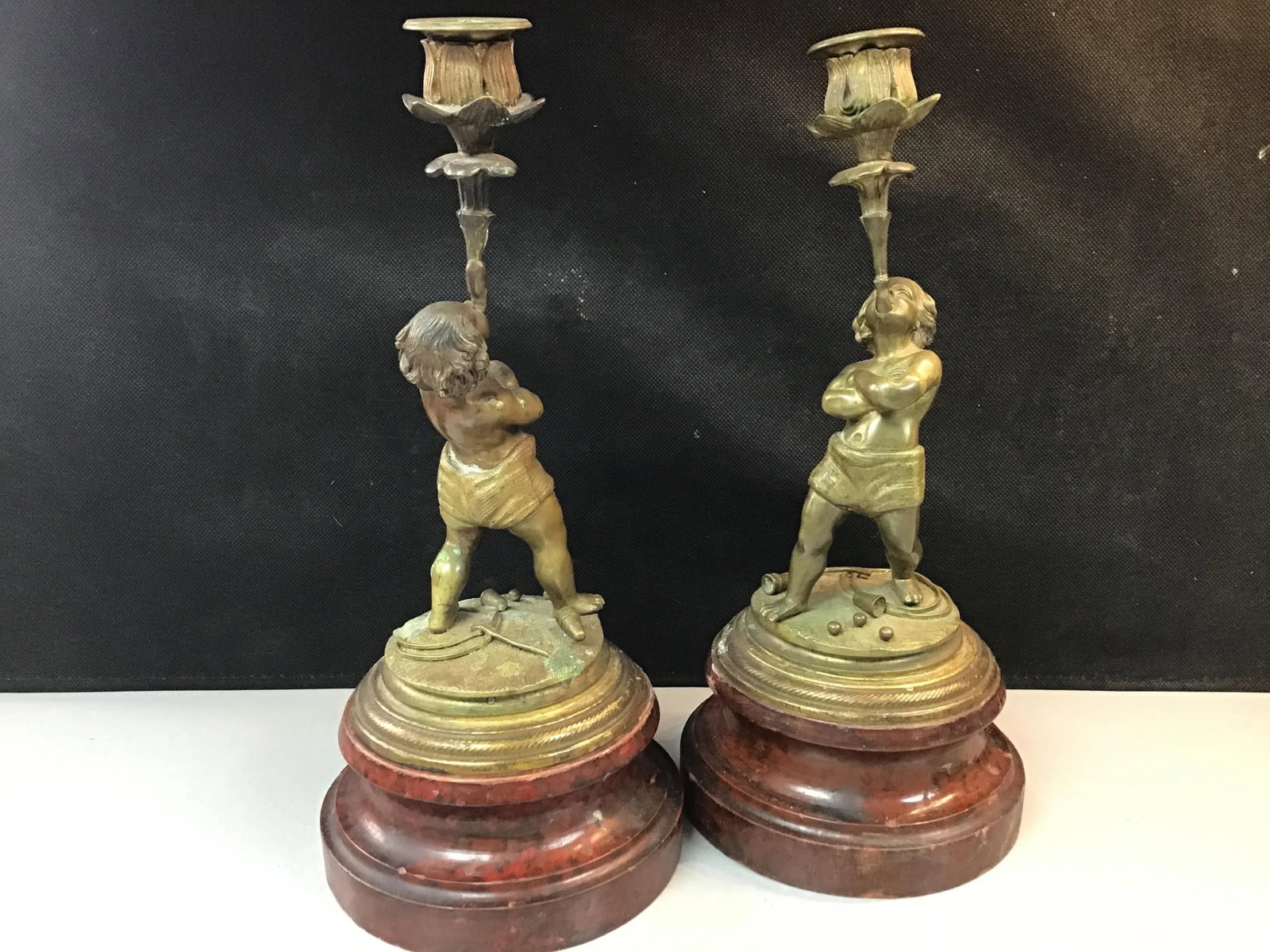 Late 19th Century Continental Bronze Boy Acrobat Candleholders- a Pair - 8