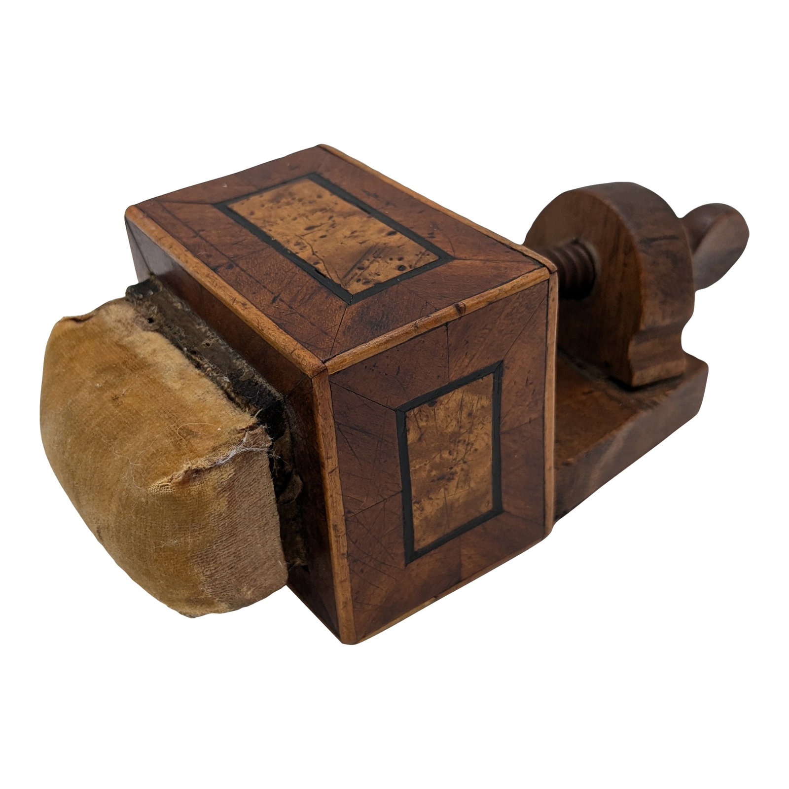 Victorian Bird's-Eye Maple Sewing Clamp Pin Cushion With Drawer | 19th Century Antique Sewing Bird: Charming late-19th-century sewing clamp crafted from beautifully figured bird's-eye maple. Features a velvet-topped pin cushion, working brass thumbscrew to secure it to a table edge, and a tiny