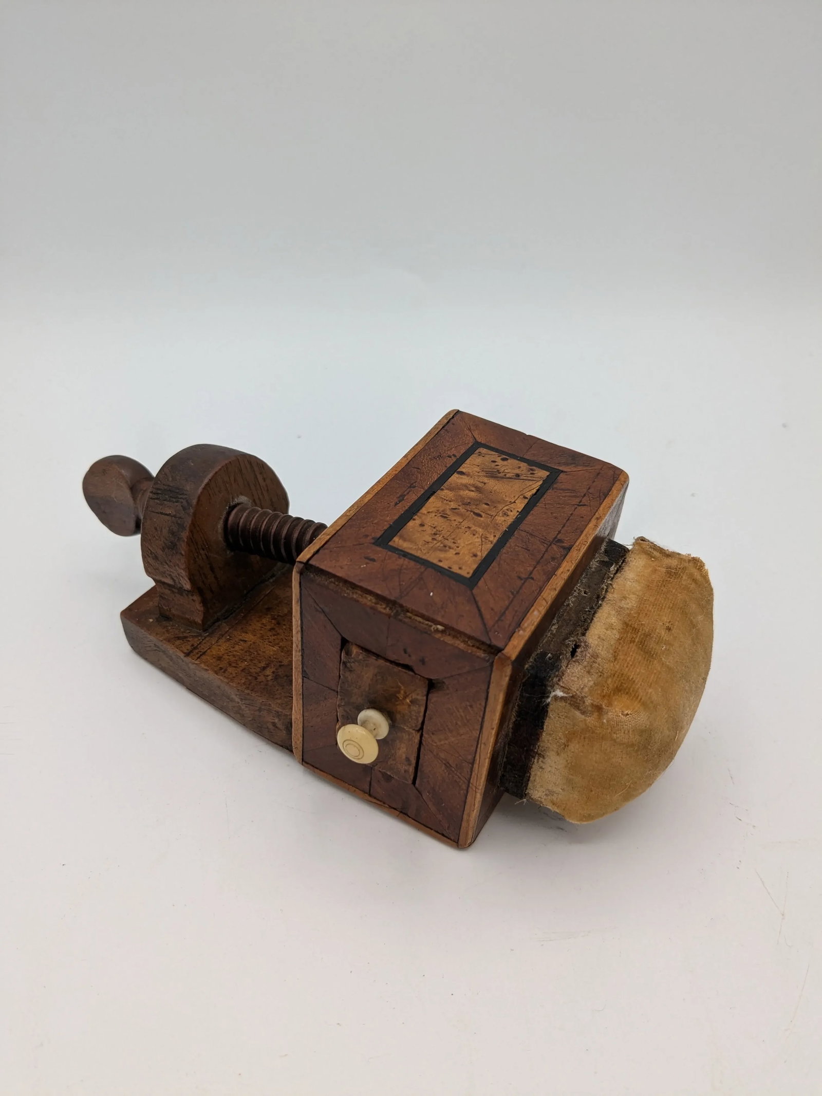 Victorian Bird's-Eye Maple Sewing Clamp Pin Cushion With Drawer | 19th Century Antique Sewing Bird - 7