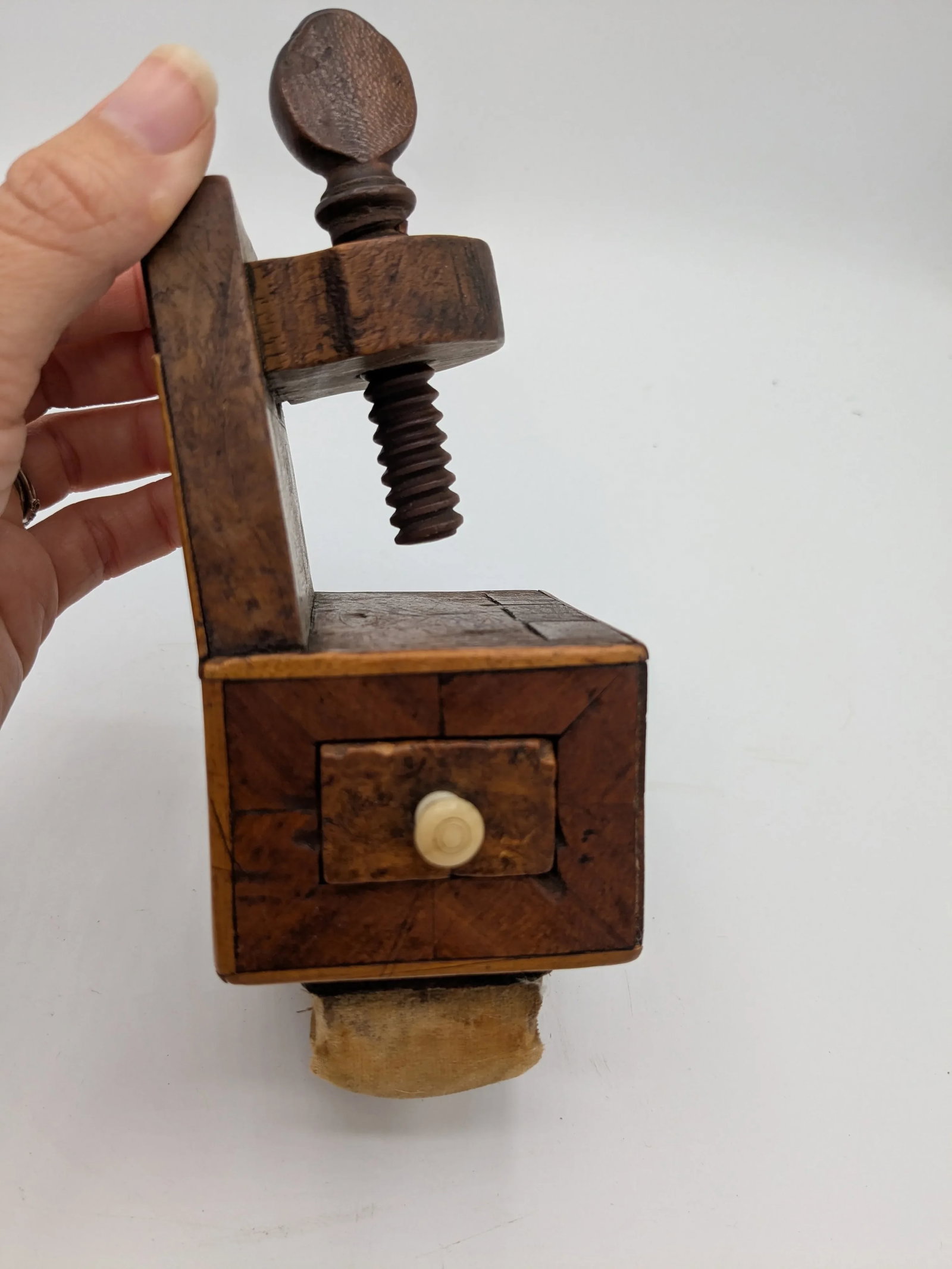 Victorian Bird's-Eye Maple Sewing Clamp Pin Cushion With Drawer | 19th Century Antique Sewing Bird - 9