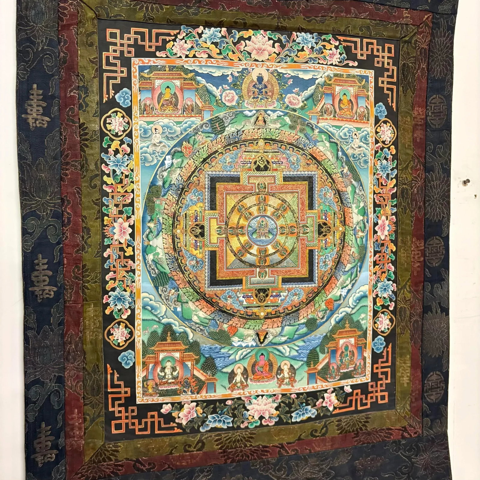 Hand-Painted Tibetan Mandala Thangka With Silk Brocade Mounting - 10