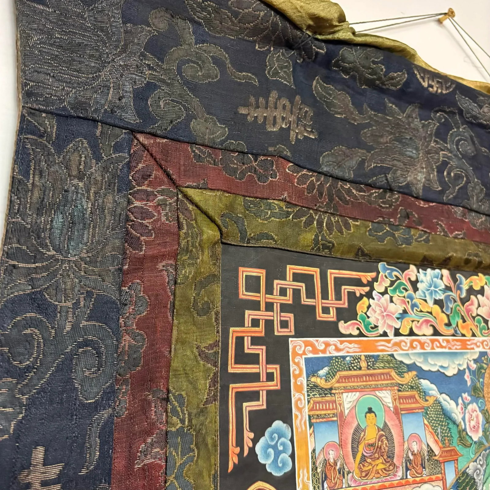 Hand-Painted Tibetan Mandala Thangka With Silk Brocade Mounting - 11