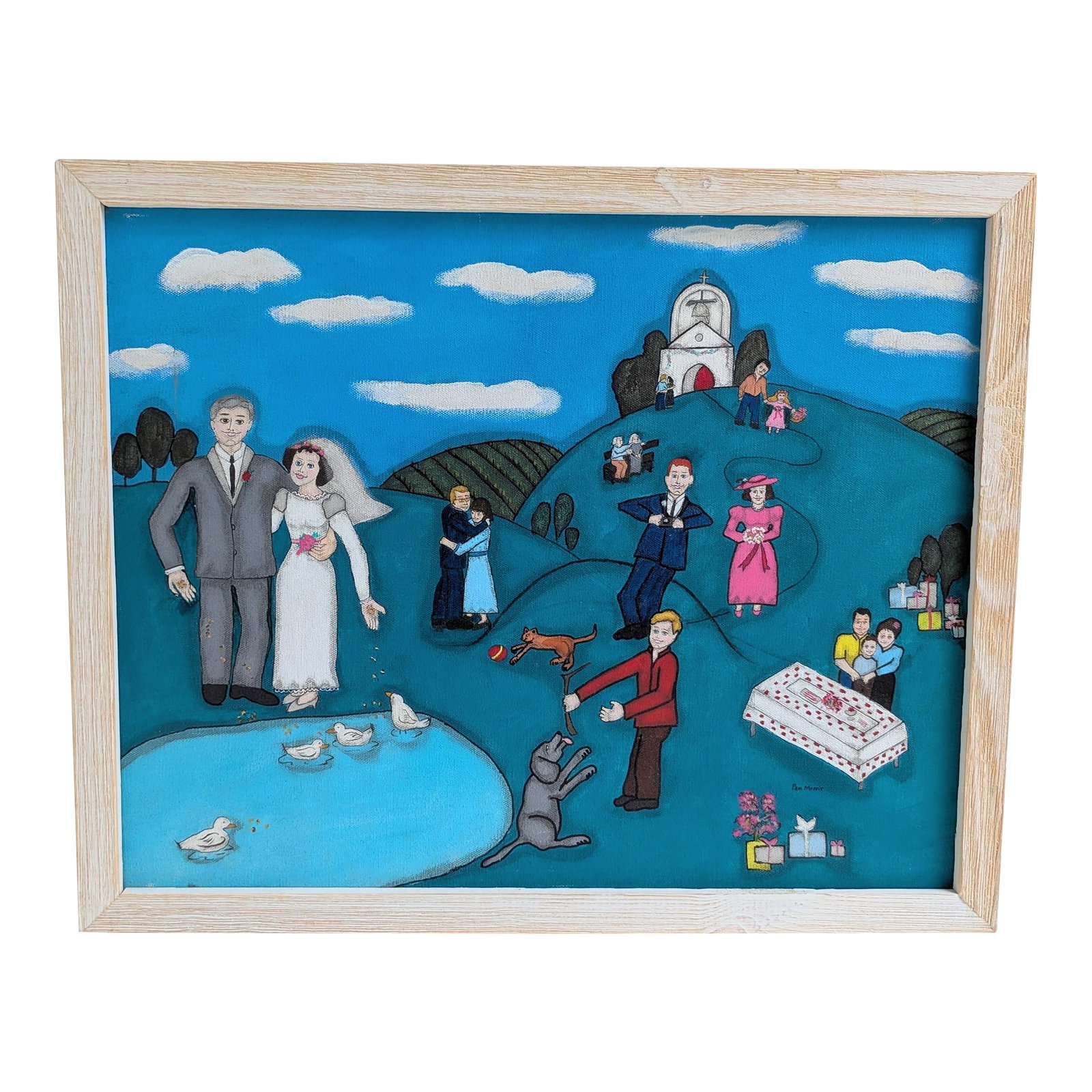 Pam Moffit Folk Art Wedding Painting – Naive Style Acrylic on Canvas 17.5" X 21.5": Charming original folk art painting by Pam Moffit, capturing a joyful wedding scene in a whimsical, naive style. Acrylic on canvas with a vivid blue background and playful figures"”guests,