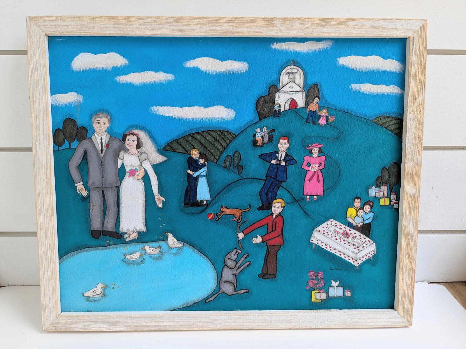 Pam Moffit Folk Art Wedding Painting – Naive Style Acrylic on Canvas 17.5" X 21.5" - 3