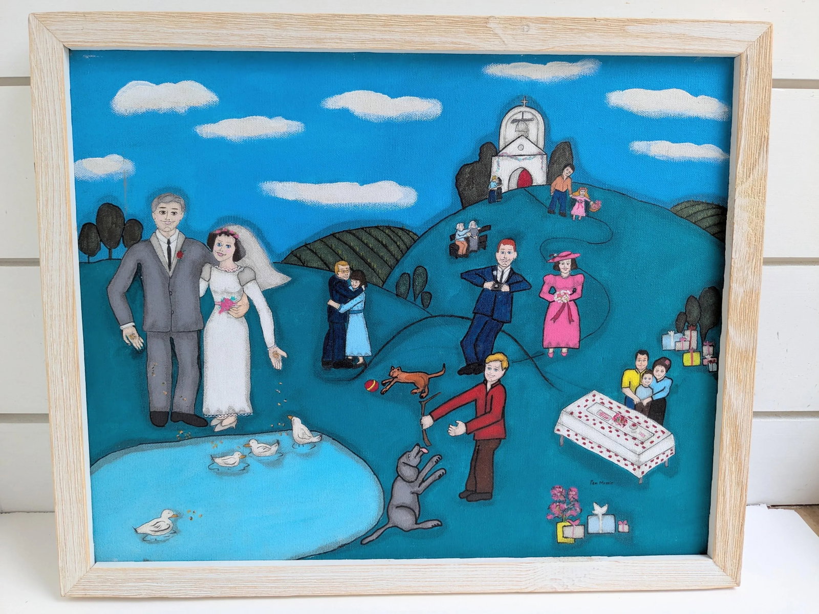 Pam Moffit Folk Art Wedding Painting – Naive Style Acrylic on Canvas 17.5" X 21.5" - 4