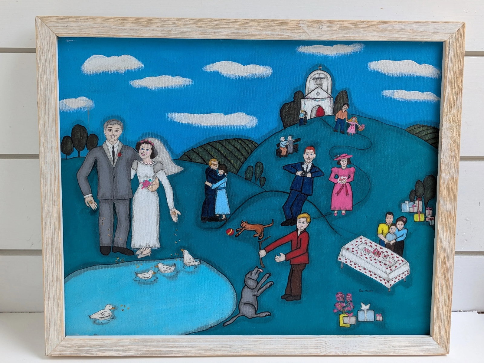 Pam Moffit Folk Art Wedding Painting – Naive Style Acrylic on Canvas 17.5" X 21.5" - 7