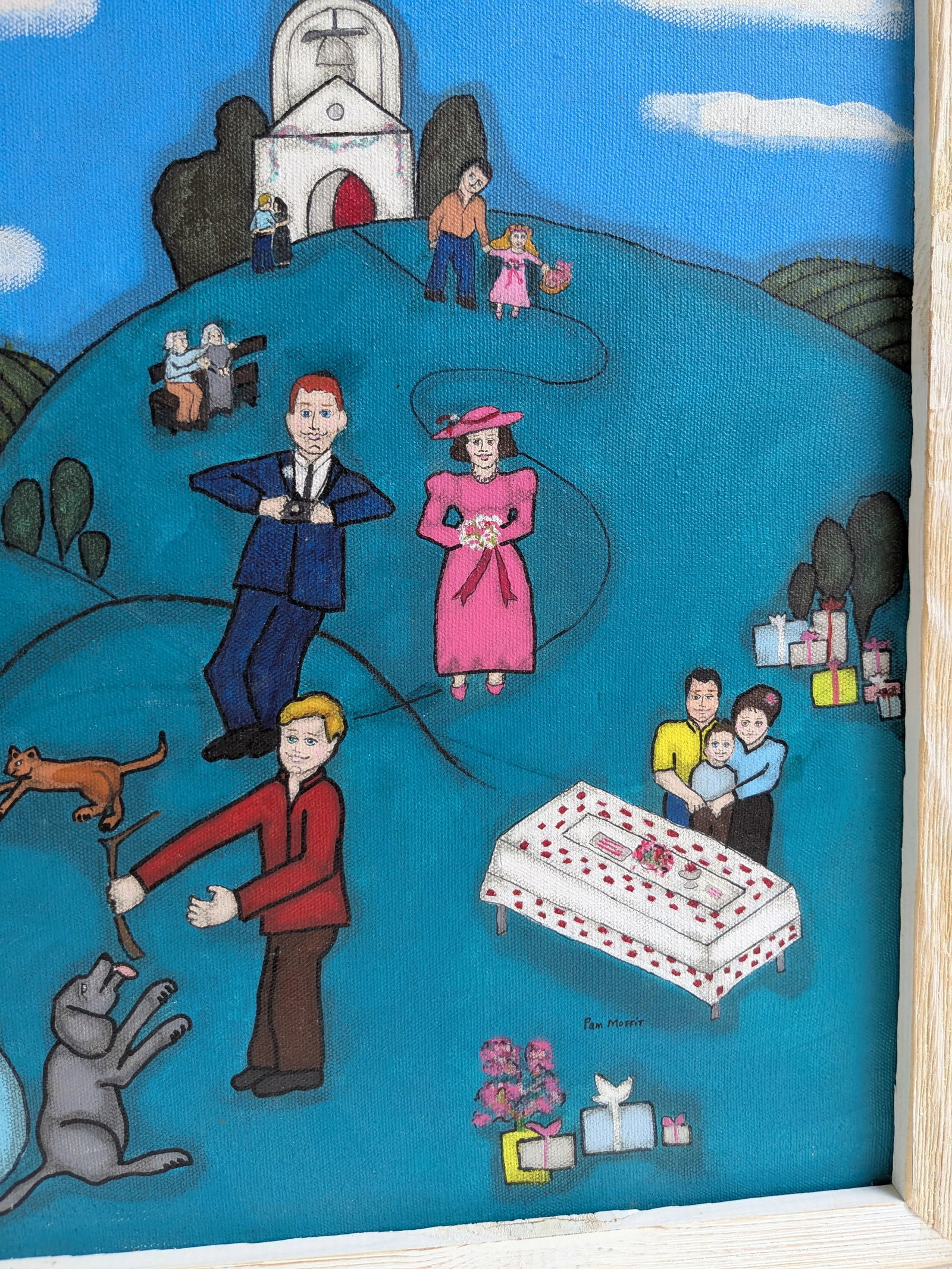 Pam Moffit Folk Art Wedding Painting – Naive Style Acrylic on Canvas 17.5" X 21.5" - 8