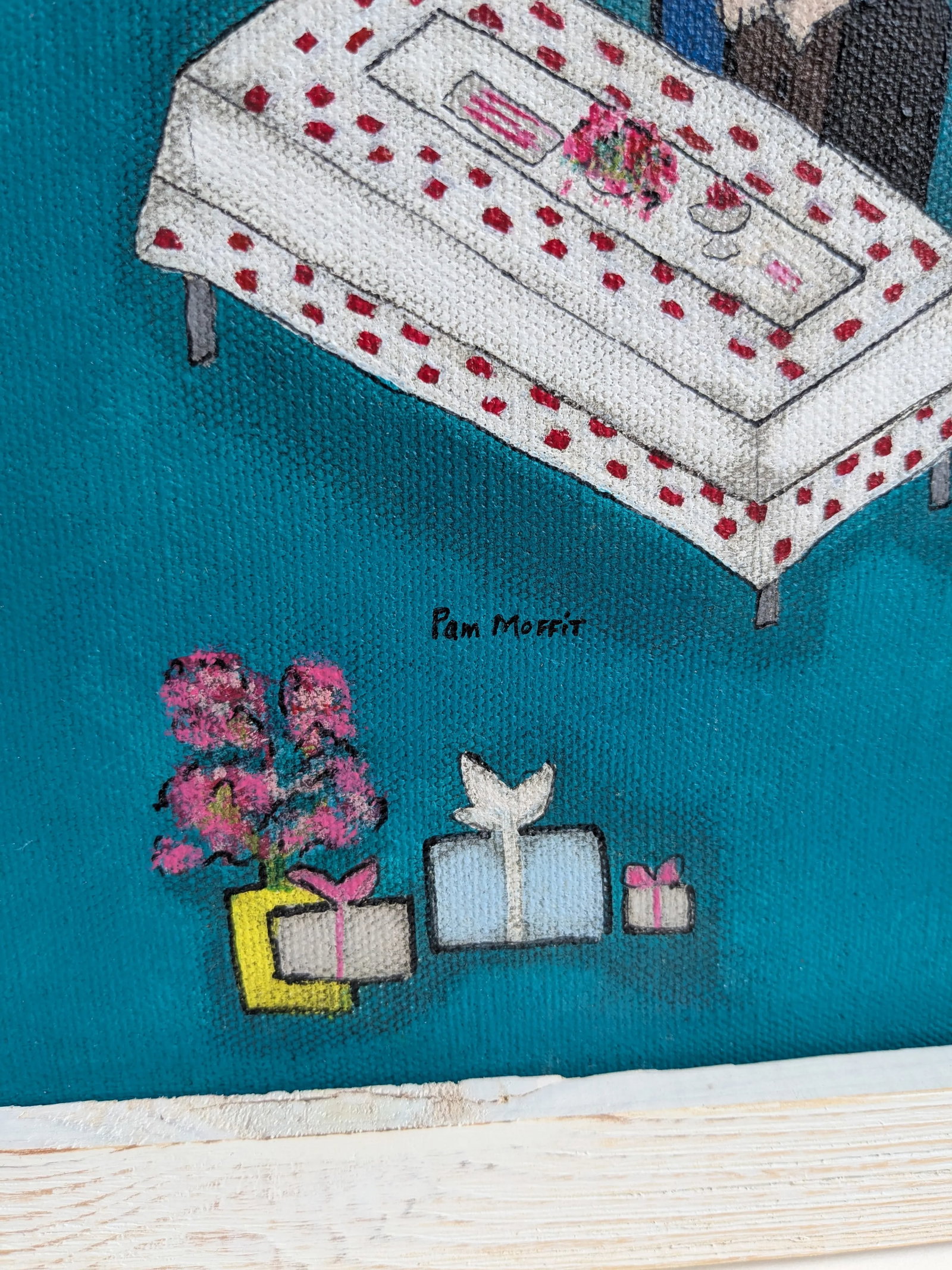 Pam Moffit Folk Art Wedding Painting – Naive Style Acrylic on Canvas 17.5" X 21.5" - 9