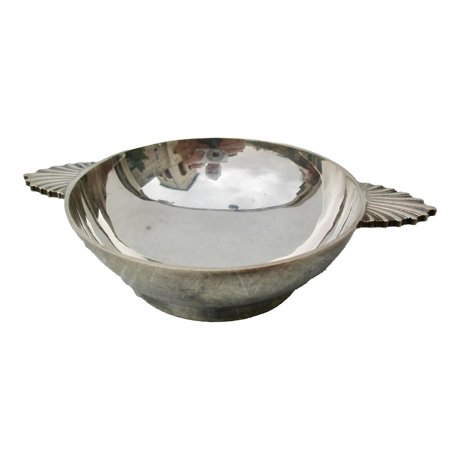 Christofle Two Handled Footed Bowl Plated: Christofle double handled footed bowl with classical palmette as handles. Plated with a monogram H S. Very handsome and great feel in the hand, heavy, thick, and solid. The weight is 77.6 Dwt and the