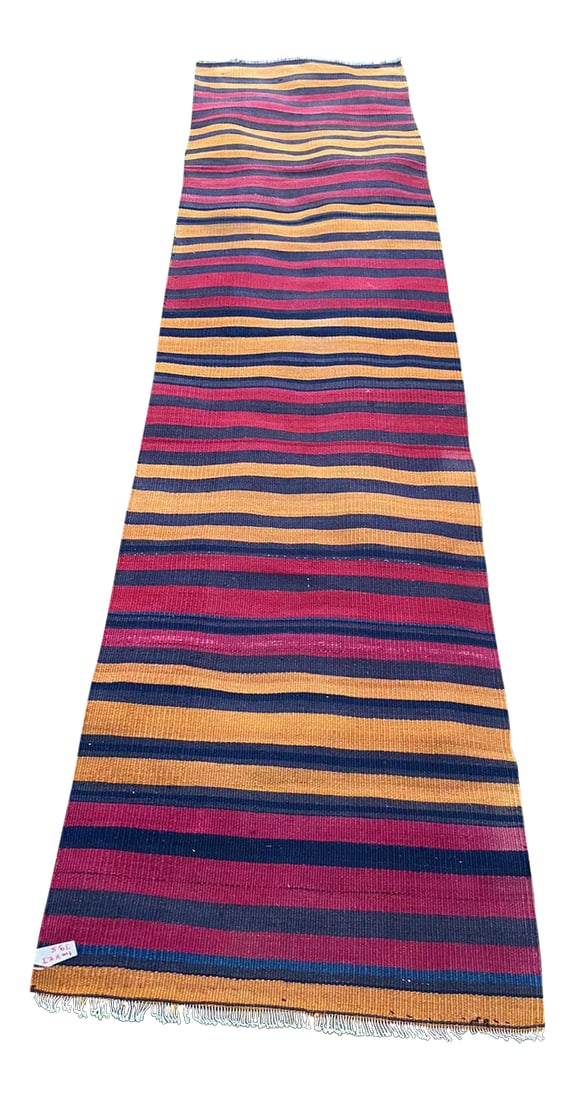 Turkish Handmade Striped Kilim Runner: This is a gorgeous vintage kilim that will bring happiness to your sweet home. All rugs have been professionally cleaned; original condition is not altered, age-related wear is considered normal in