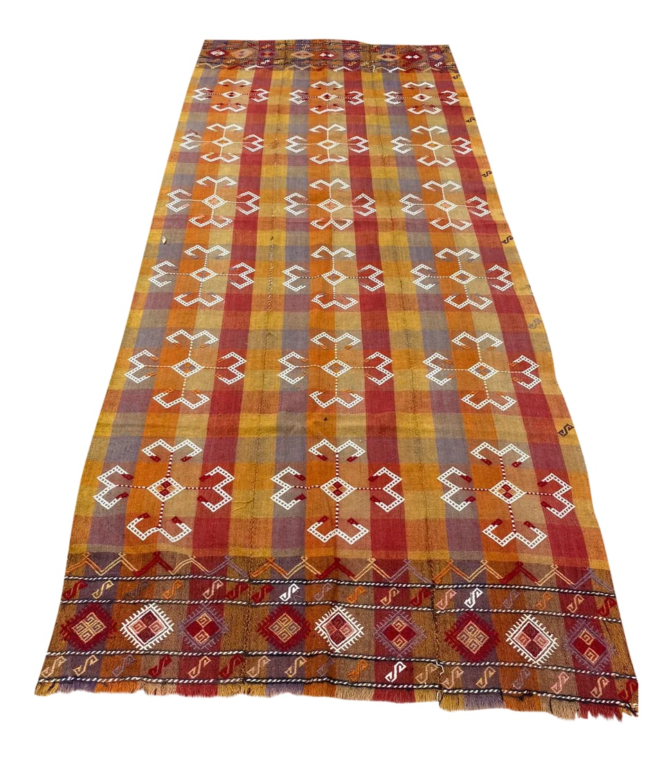 Turkish Handmade Nomadic Kilim: This is a gorgeous vintage kilim that will bring happiness to your sweet home. All rugs have been professionally cleaned; original condition is not altered, age-related wear is considered normal in th