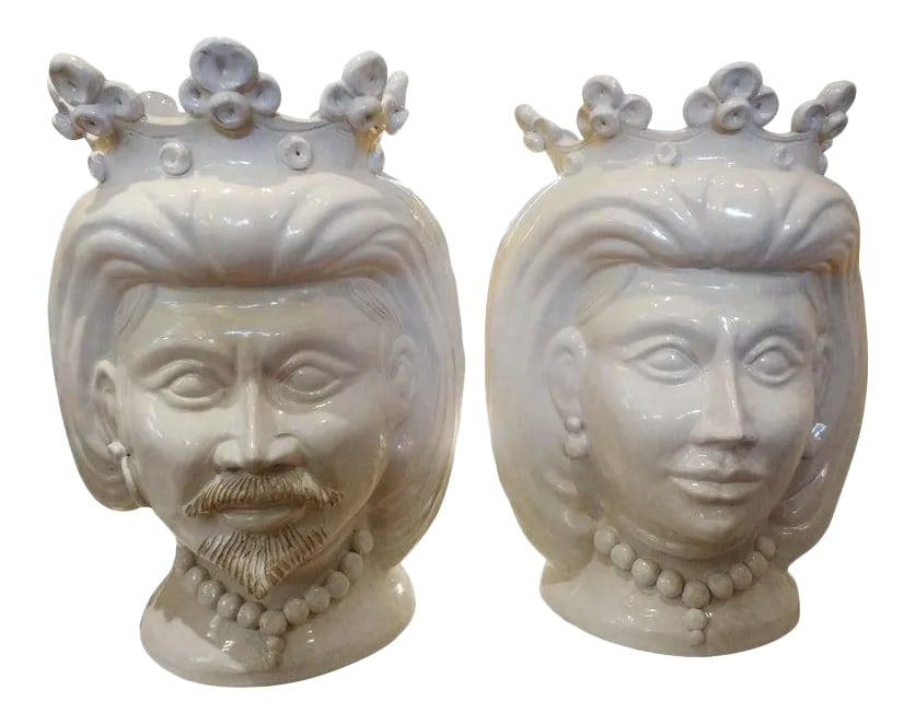 20th Century Italian White Glazed Terracotta Bust Jardinieres-a Pair: Exceptionally large pair of 20th century Italian white glazed terracotta busts, head jardinières, planters, one a woman, the other a man. This stunning pair of sculptures are both signed F.