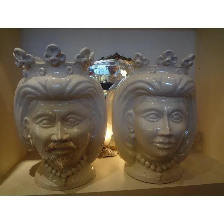 20th Century Italian White Glazed Terracotta Bust Jardinieres-a Pair - 2