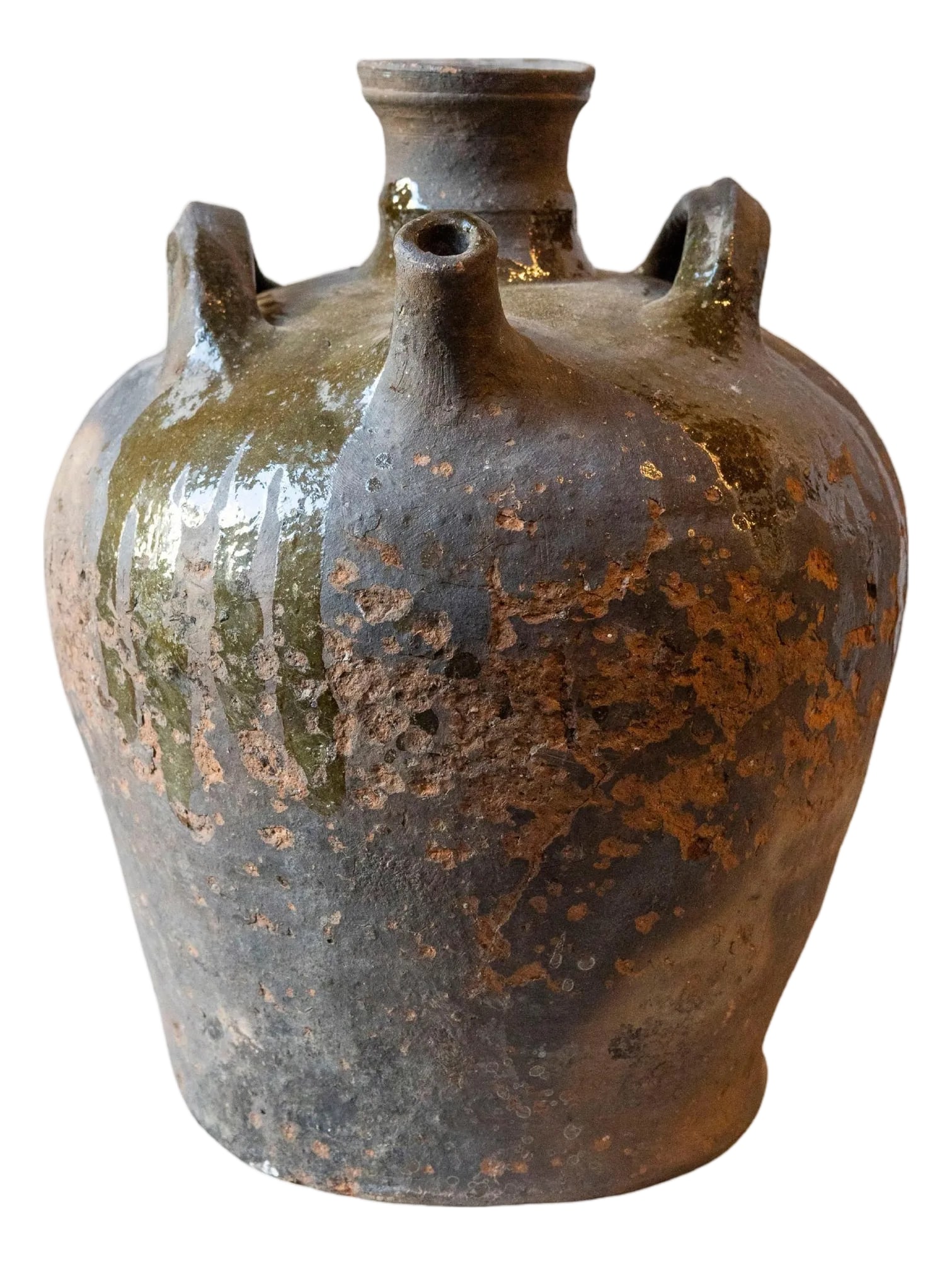 19th-Century French Glazed Earthenware Jar: A striking 19th-century French earthenware water jar with a rich, timeworn surface and expressive form. This traditional utilitarian vessel was likely made in the southwest of France and used to