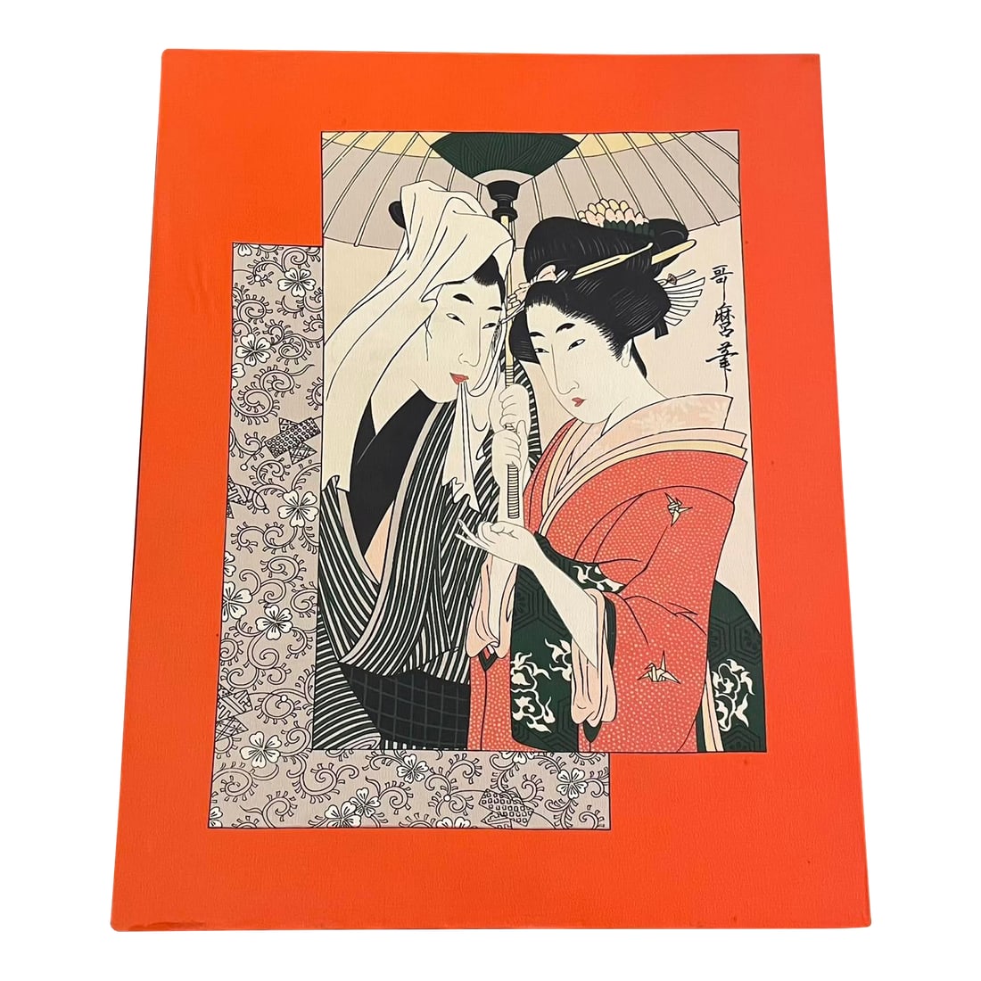 Japanese Silk Print on Board: A vivid and eye-catching decorative artwork featuring a traditional Japanese print on silk, mounted over a lightweight board. The central image, a romantic ukiyo-e portrait of a couple beneath an