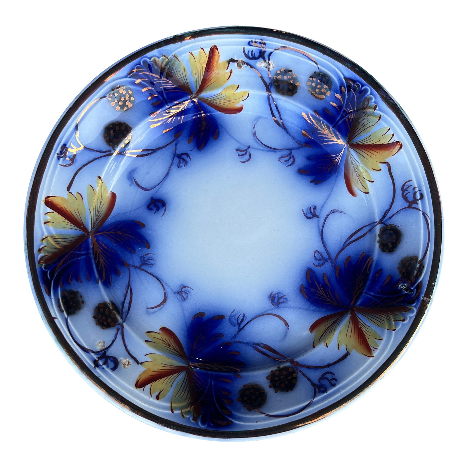 A Very Nice Antique Staffordshire Gaudy Ironstone Flow Blue Plate, Circa 1850's: A Very Nice Antique Staffordshire Gaudy Ironstone Flow Blue Plate, Circa 1850's Marked on the back with the English Registry mark, and Impressed: Niagara shape, by E. Walley Made by Edward Walley of