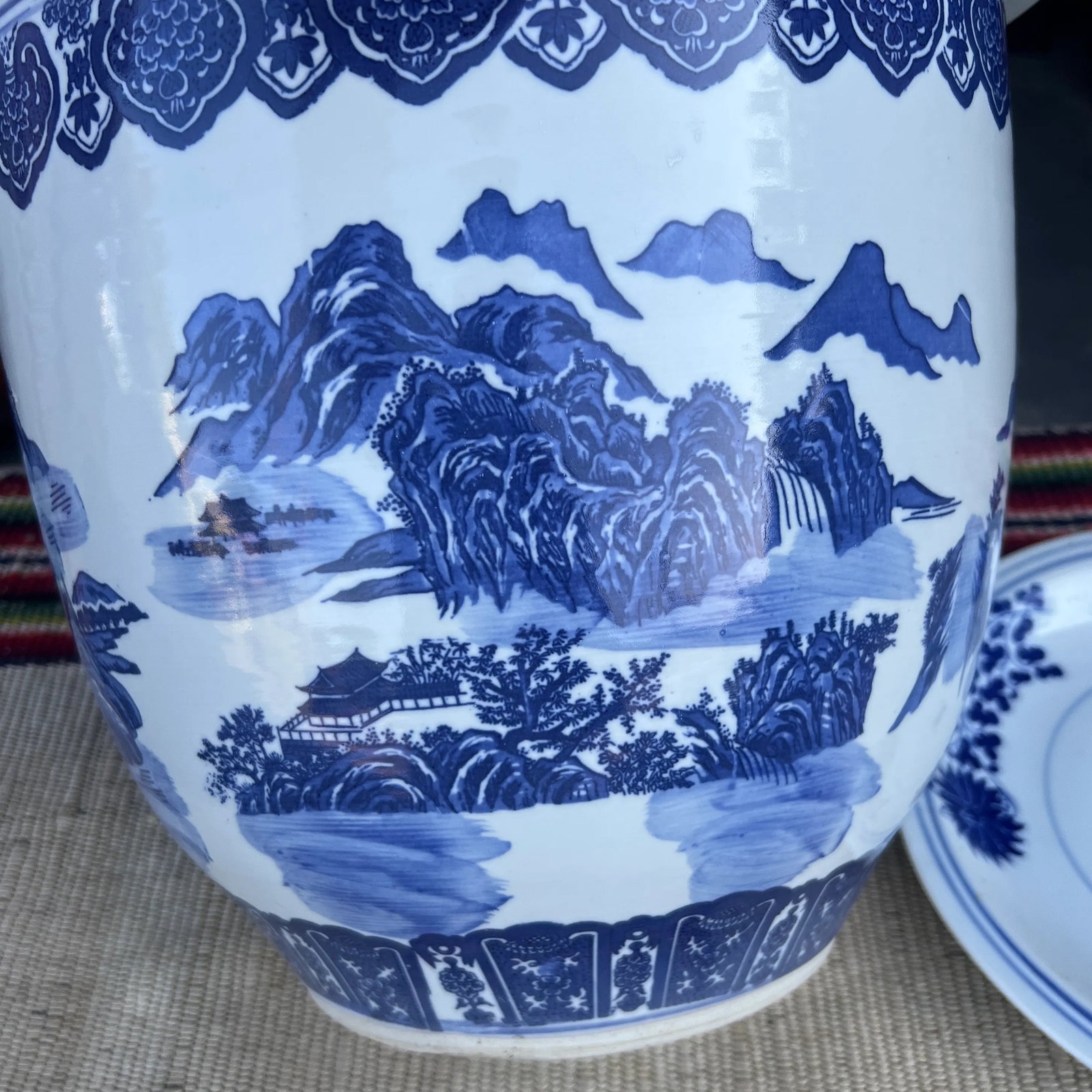 Vintage Chinese Blue and White Porcelain Jardiniere With Underliner - 10