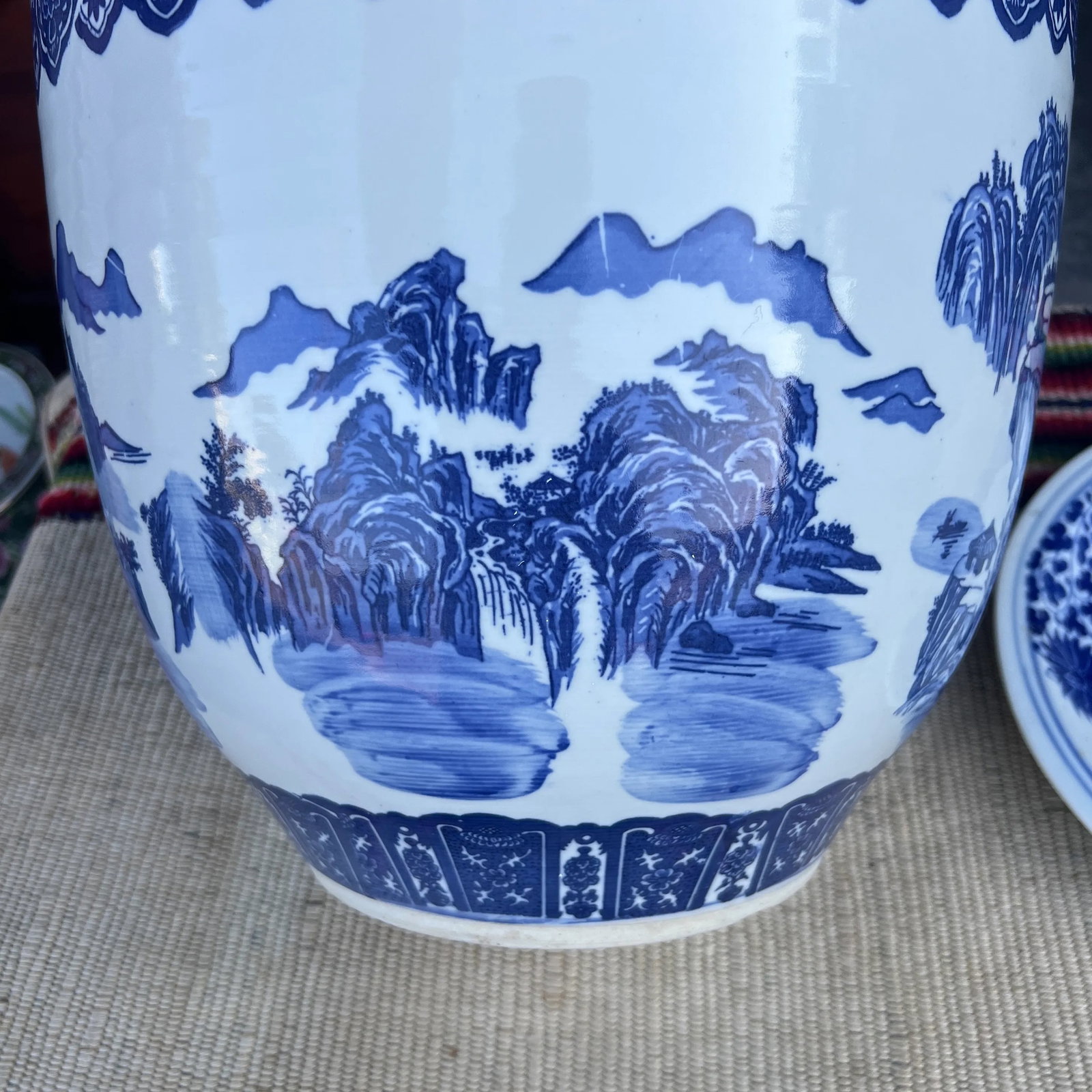 Vintage Chinese Blue and White Porcelain Jardiniere With Underliner - 11