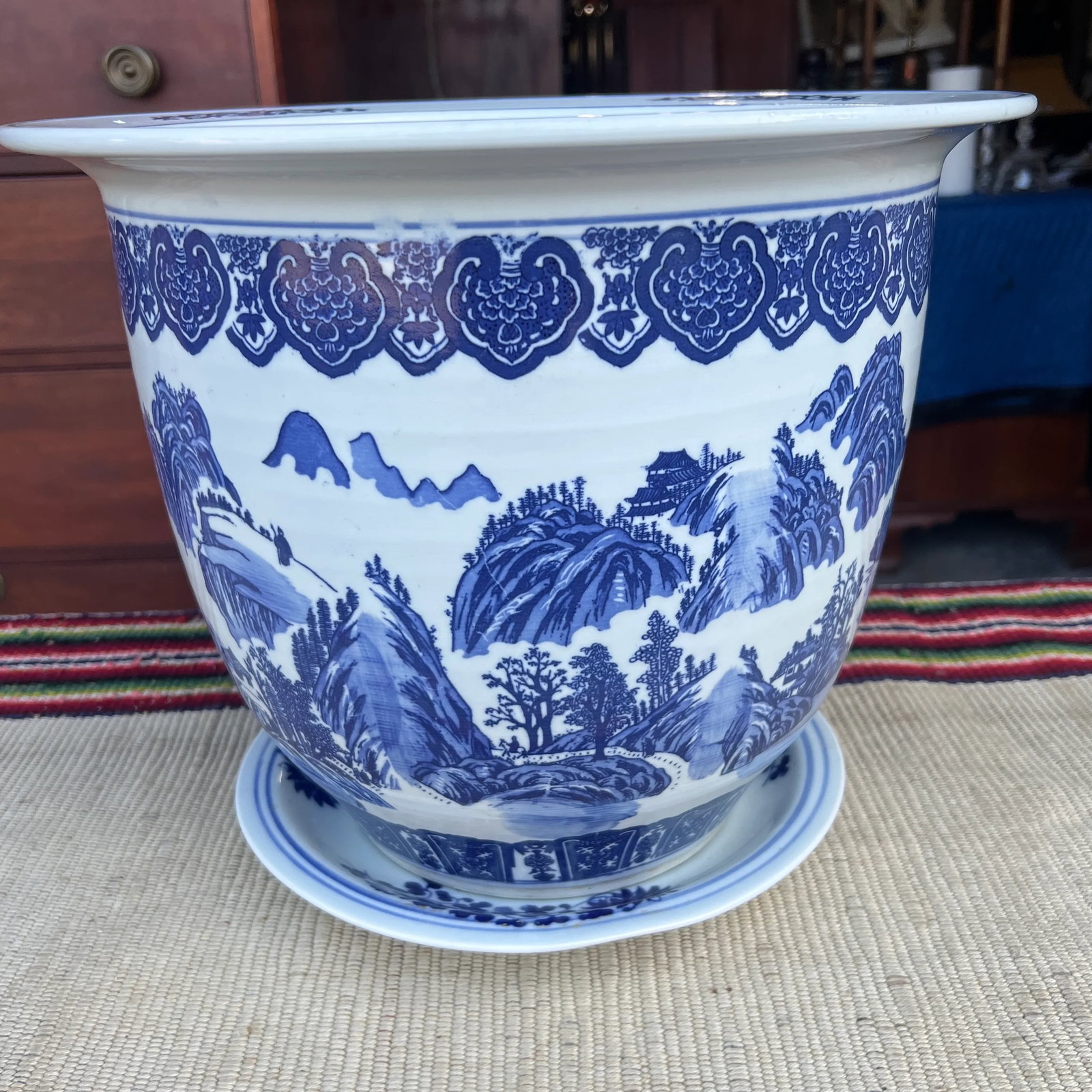 Vintage Chinese Blue and White Porcelain Jardiniere With Underliner - 12