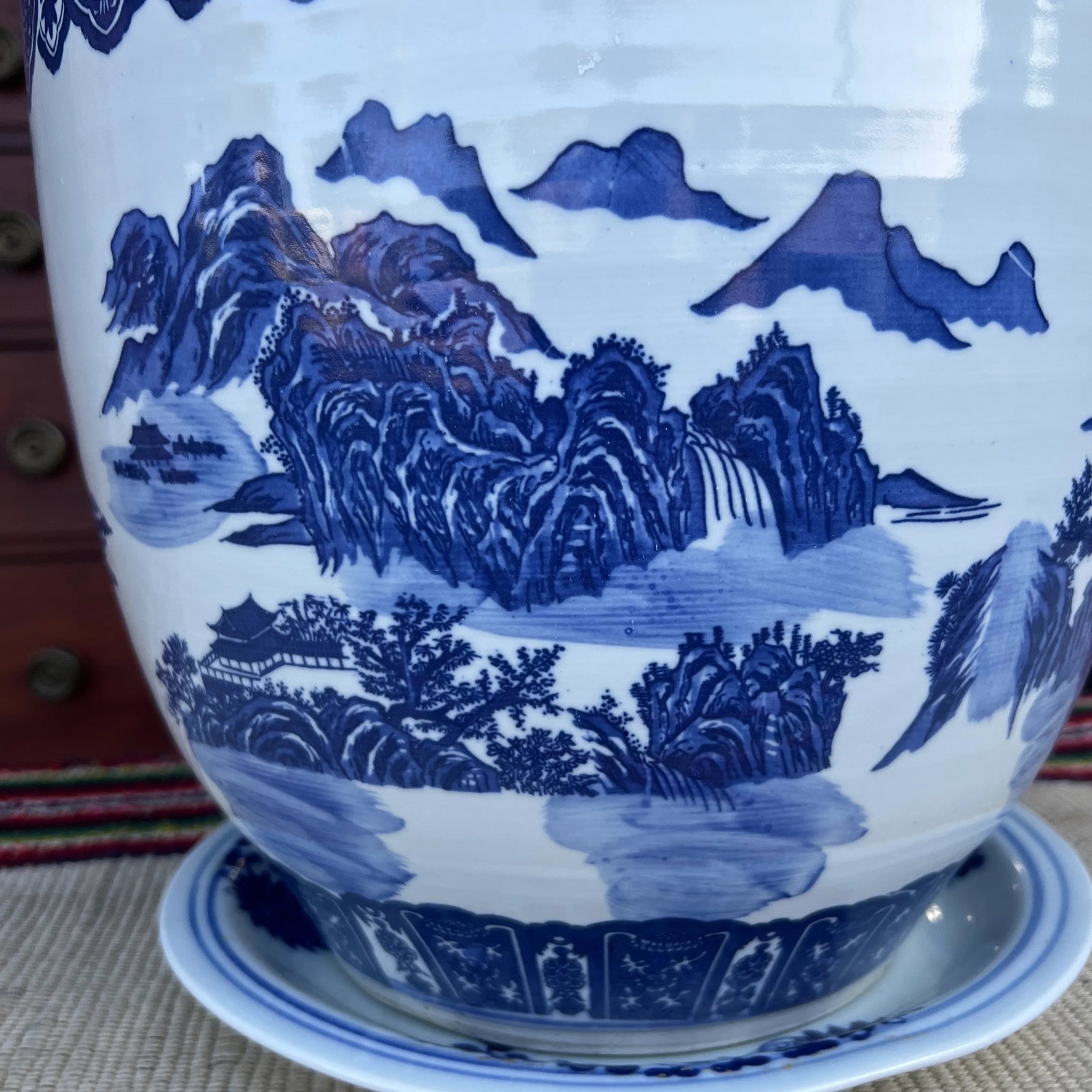 Vintage Chinese Blue and White Porcelain Jardiniere With Underliner - 2