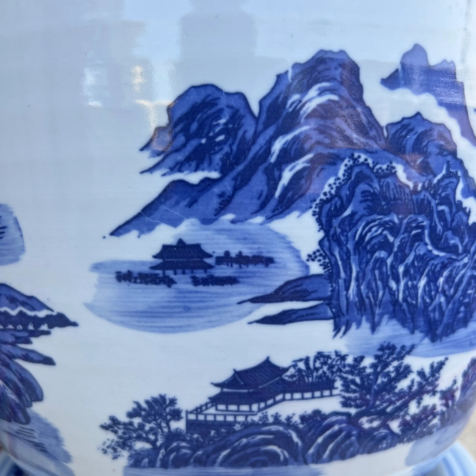 Vintage Chinese Blue and White Porcelain Jardiniere With Underliner - 3
