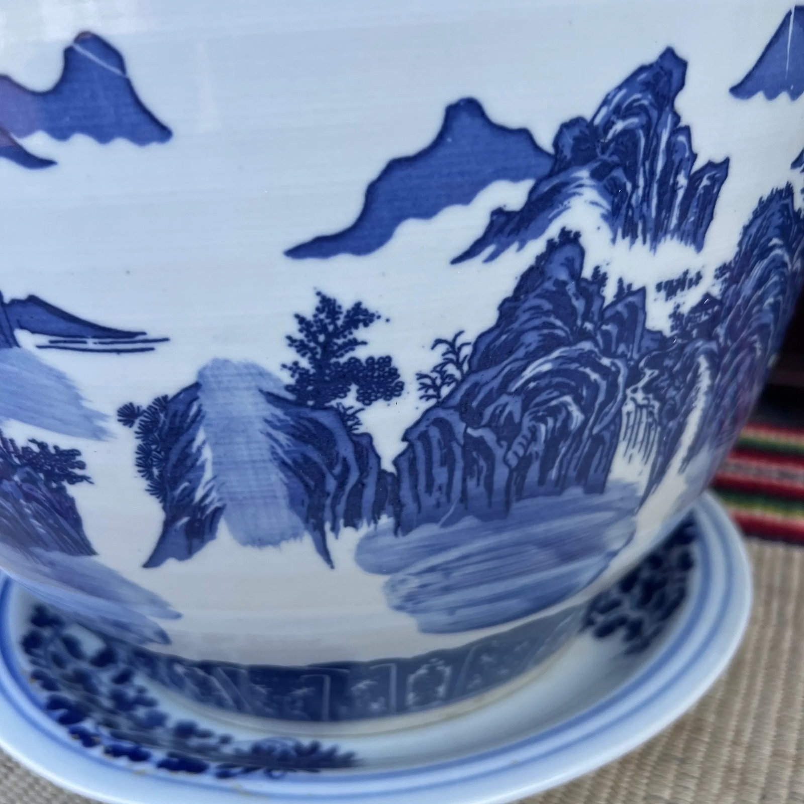 Vintage Chinese Blue and White Porcelain Jardiniere With Underliner - 4