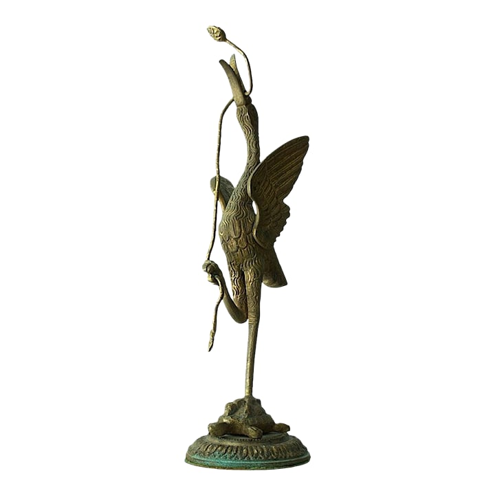 19th Century Chinese Bronze-Crane Holding Snake on Turtle: Bring a captivating piece of symbolism and artistry into your space with this 19th Century Chinese Bronze Sculpture. Featuring a graceful crane holding a snake while standing on a turtle, this intrigu