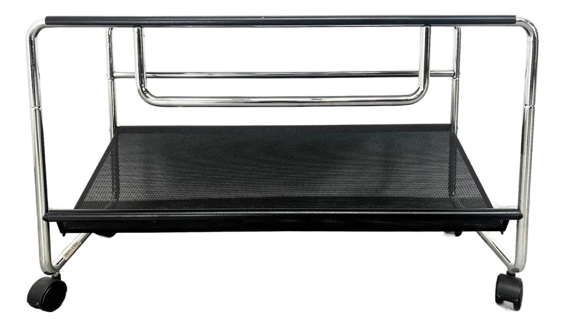 Swedish Modern Industrial Steel Rolling Low Self Table Shelving, 1970s, Labelled. (1 of 3)