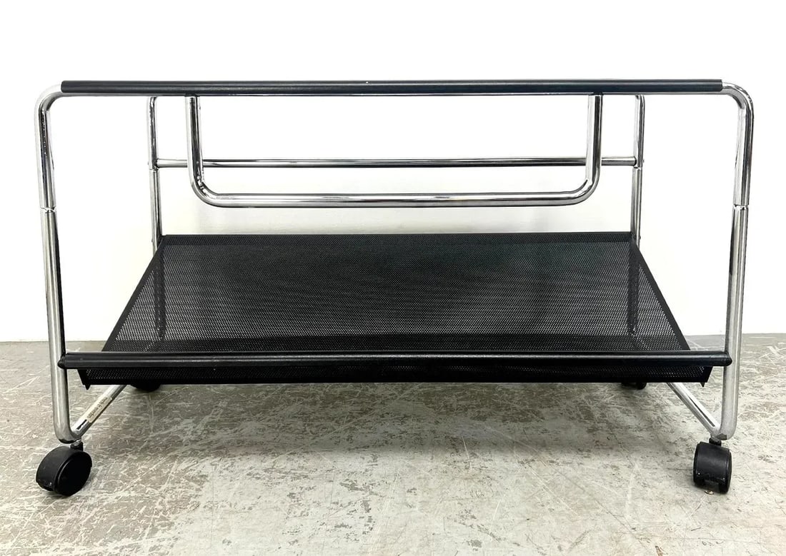 Swedish Modern Industrial Steel Rolling Low Self Table Shelving, 1970s, Labelled. - 2