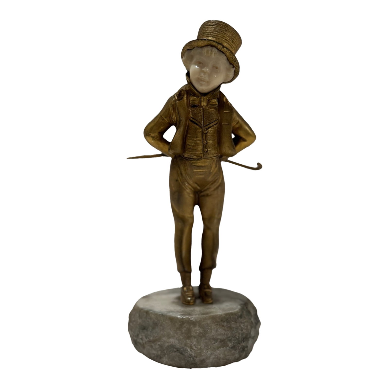 Antique Georges Omerth Gilt Bronze & Alabaster Figural Sculpture – Boy in Top Hat: Exquisite figural sculpture by French artist Georges Omerth (active 1895–1925), depicting a jaunty young boy in a top hat and formal attire. Rendered in gilt bronze with finely carved alabaster