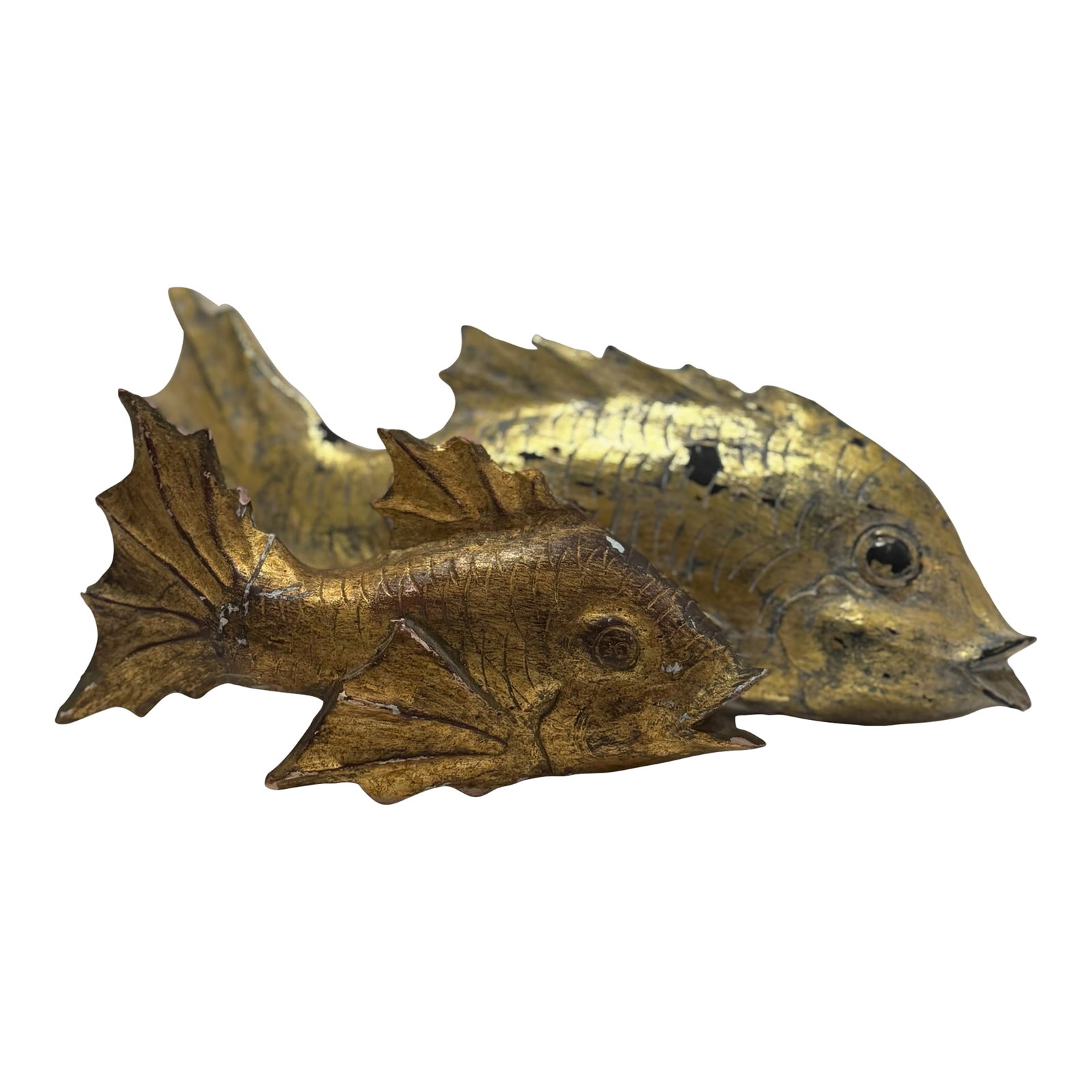 Pair of Vintage Oversized Hand-Carved Gilded Wooden Koi Fish: Bring timeless artistry and serene symbolism into your home with this pair of vintage oversized hand-carved wooden koi fish. Each fish is richly detailed with hand-tooled scales, graceful fins, and