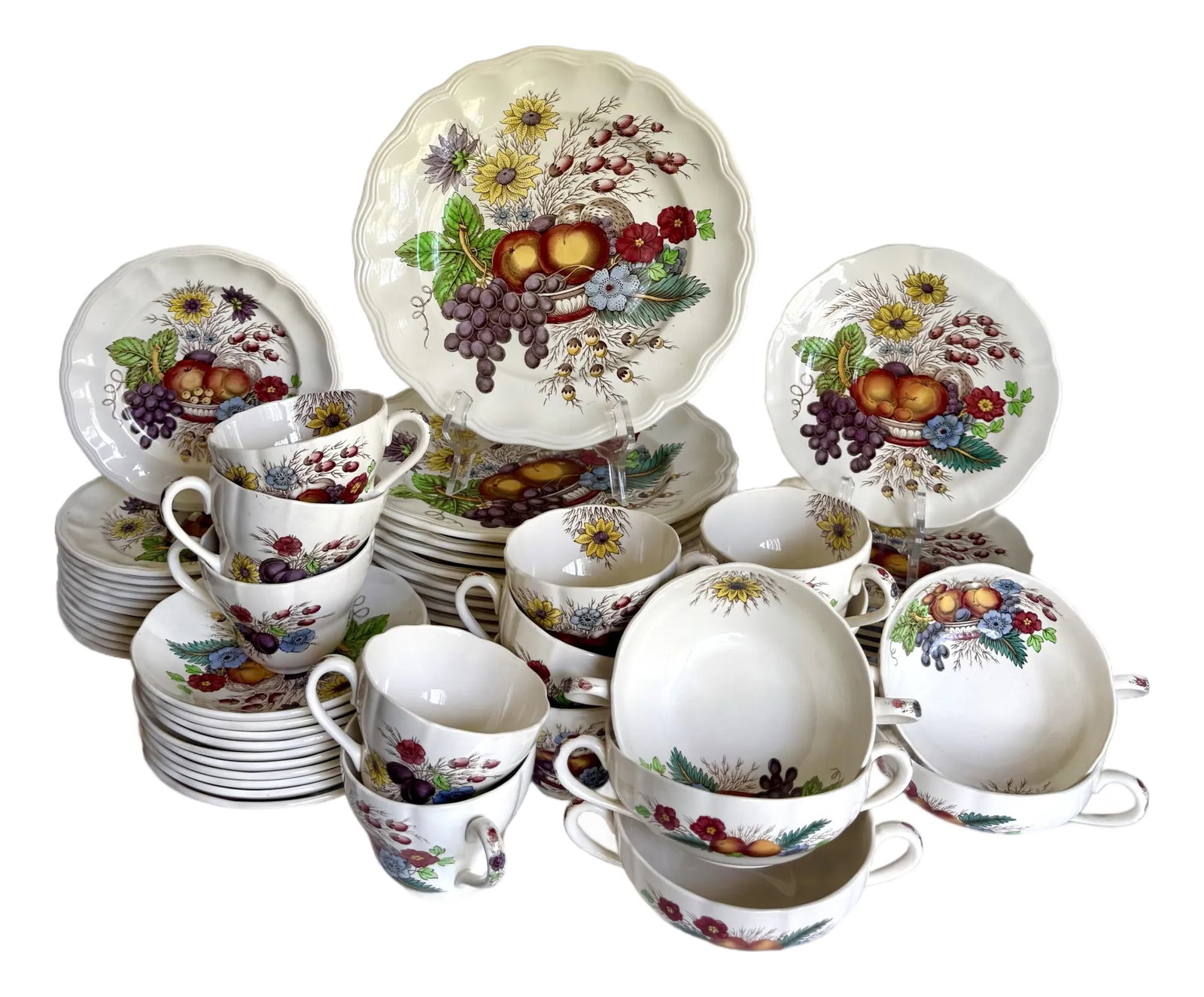 English Spode "Reynolds" Flowers and Fruit Dinnerware Set - 57 Pieces: Here is a wonderful set of 57 pieces of the "Reynolds" design of earthenware dinnerware made by Spode. This design was in production from 1954-1988, and these appear to be from the 1960's. Each piece