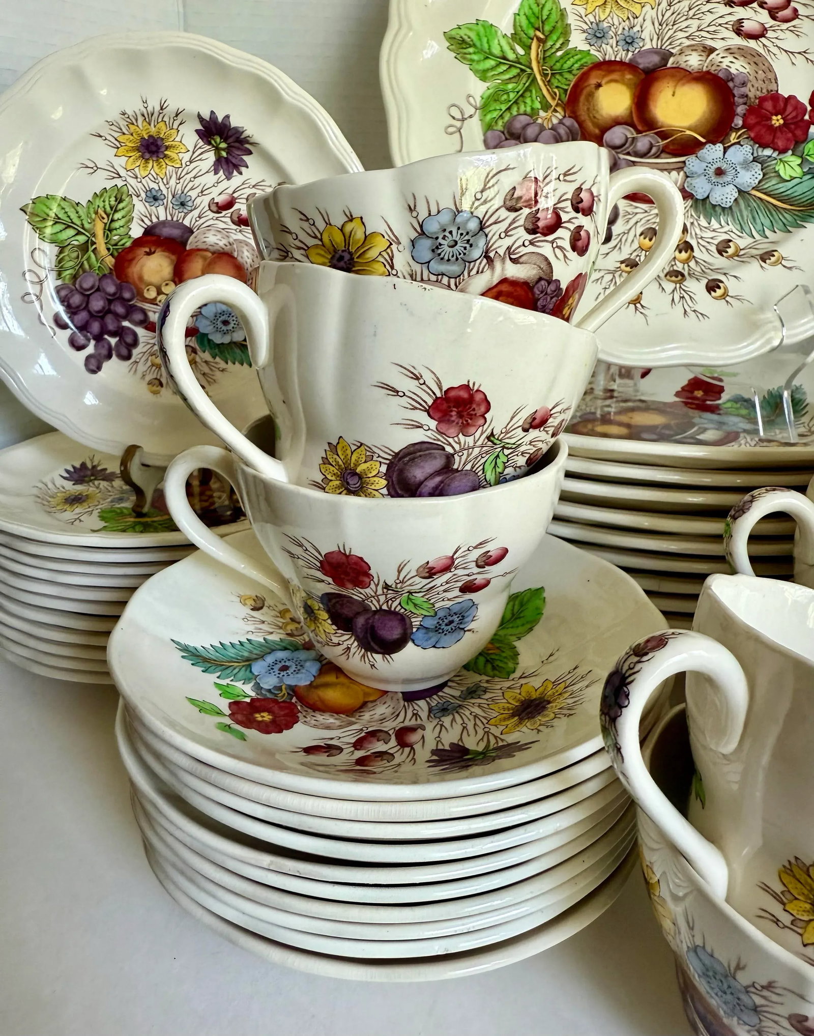 English Spode "Reynolds" Flowers and Fruit Dinnerware Set - 57 Pieces - 4