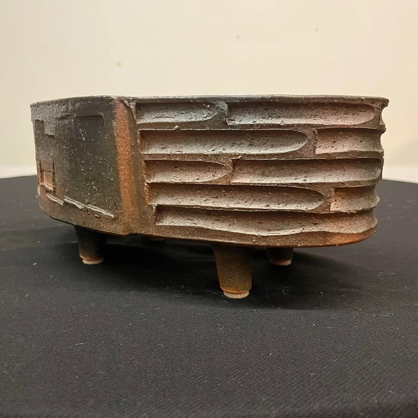 Oval Japanese Ikebana Planter, Footed Stoneware Vessel, Mid-20th Century - 3