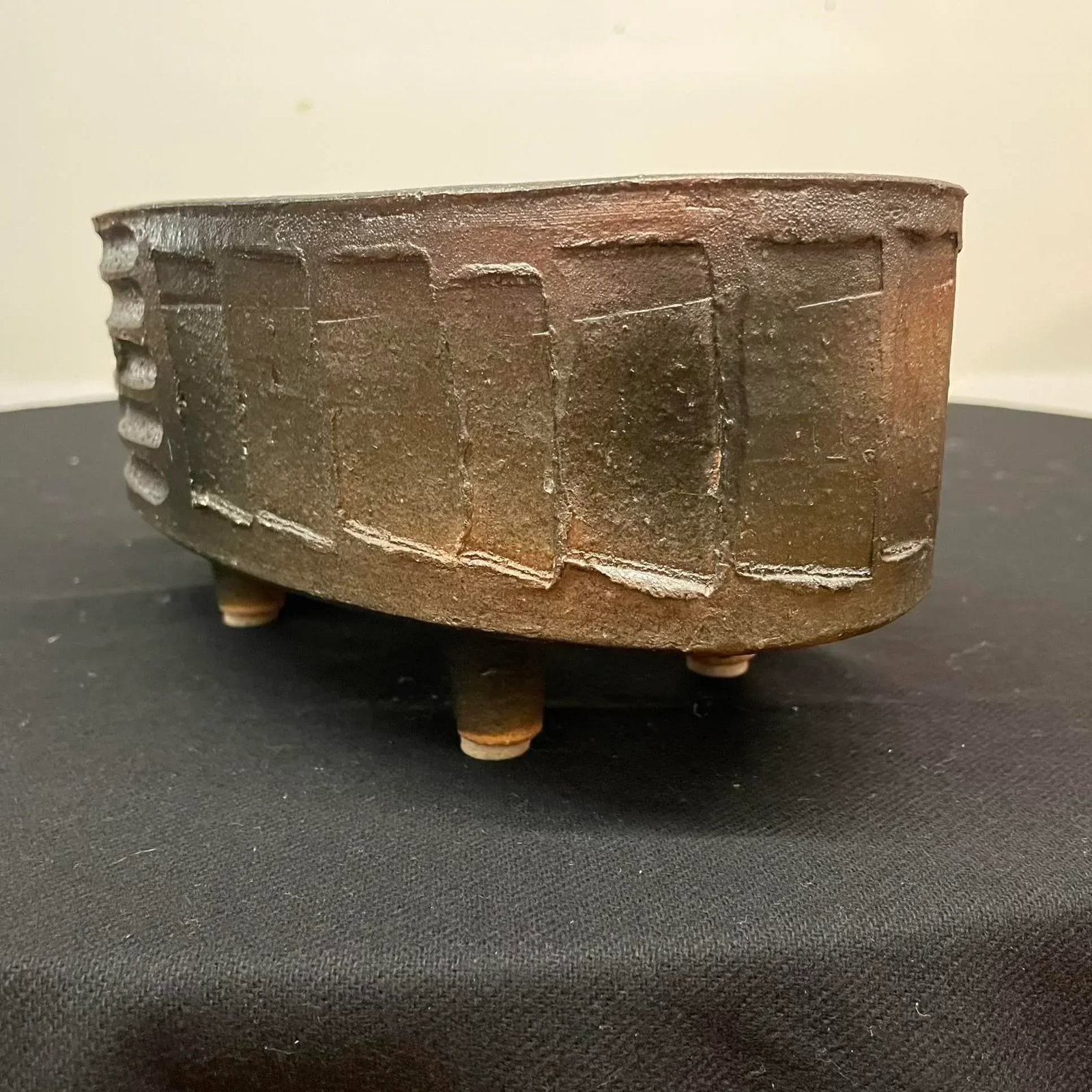 Oval Japanese Ikebana Planter, Footed Stoneware Vessel, Mid-20th Century - 8