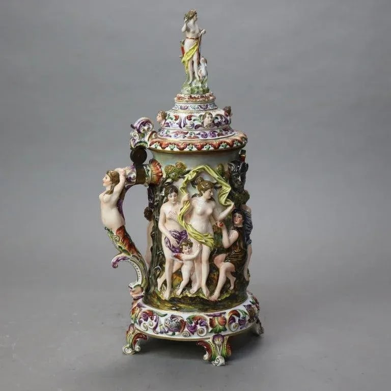 Oversized Antique Majolica Figural Footed Tankard With Classical Scene, Circa 1890 - 2